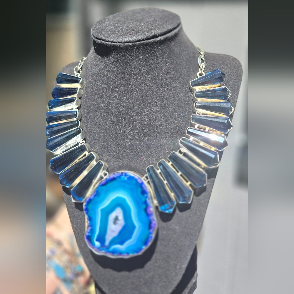 HOST PICK 🎉🎊Blue Topaz & Agate Crystal Collar & Earring Sterling Sz22" - Picture 5 of 17